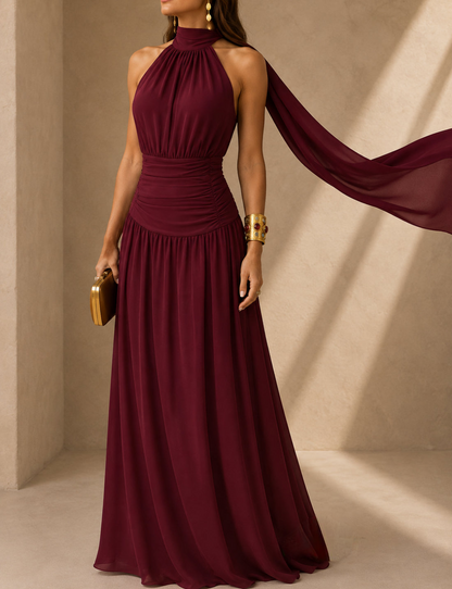 Brunella Vestido Maxi Halter con Cintura Fruncida