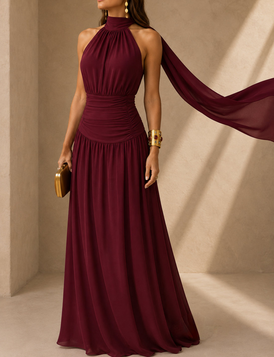 Brunella Vestido Maxi Halter con Cintura Fruncida
