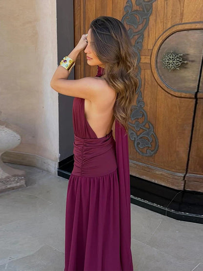 Brunella Vestido Maxi Halter con Cintura Fruncida